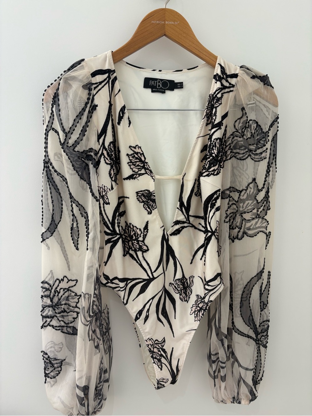 RUNWAY PatBO Ivory and Black Floral Sheer-Sleeve V-Neck Bodysuit